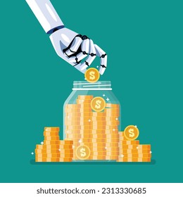 Robot hand and saving coins in glass jar. Artificial intelligence. Vector illustration