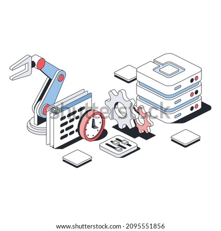 Robot hand, server automation, program, clock, gears. Vector 3d line isometric, color web icons, new flat style. Creative illustration, design idea for infographics.