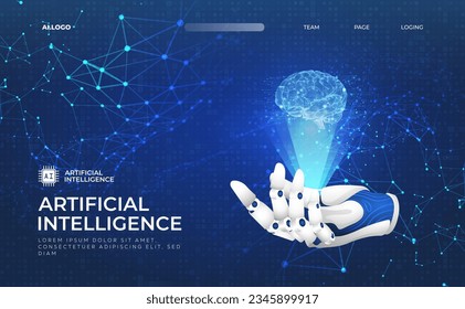 Robot hand showing hologram brain, AI (Artificial Intelligence), Deep learning machine learning AI, Technological digital brain concept, vector landing page