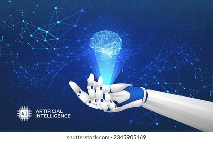 Robot hand showing hologram brain, AI (Artificial Intelligence), Deep learning machine learning AI, Technological digital brain concept, vector