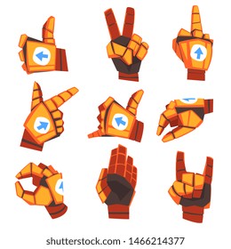 Robot Hand Showing Various Gestures Set, Mechanical Palm Gesturing, Manual Communication, Artificial Intelligence Vector Illustration