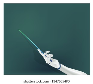 Robot hand shows a pointer in the board. Cyborg teacher holding pointer in hand. Vector illustration in realistic 3D style.