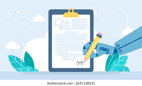 Documento online com assinatura manual de robôs. Assinatura eletrônica, tecnologias e IA. Mão digital com caneta e assinatura. Assinatura digital, Contrato eletrônico, Assinar documento, Acordo virtual. Ilustração vetorial