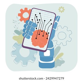 Robot hand with smartphone with AI brains and neural networks. Vector illustration. Using mobile phone with AI application. Artificial Intelligence, innovation concept.