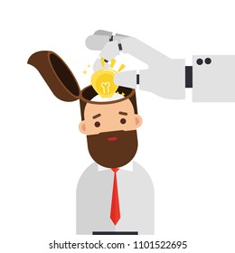 Robot hand stealing idea light bulbs from businessman