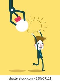 Robot hand stealing idea light bulbs from businessman. flat design. vector illustration
