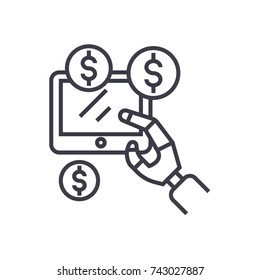 robot hand, tablet with money, artificial intelligence finance concept vector thin line icon, symbol, sign, illustration on isolated background