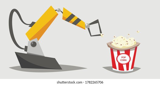Robot hand taking popcorn from popcorn bucket. Flat vector illustration.