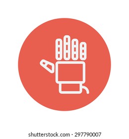 Robot hand thin line icon for web and mobile minimalistic flat design. Vector white icon inside the red circle.
