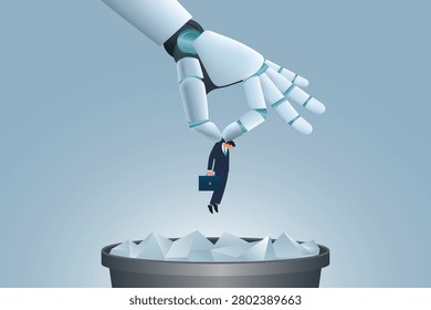 Robot hand throwing office worker into trash bin, AI replacing human jobs, Mass layoff concept.