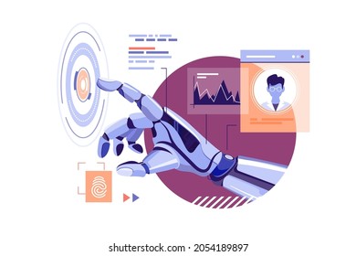 Robot hand touch abstract virtual button vector illustration. Perform command flat style. Artificial intelligence digital technology concept