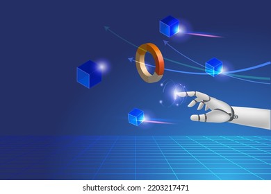 Robot hand touch block chain networking and analsying business graph. Artificial intelligence innovation technology for business secure transaction system.