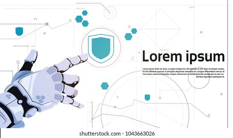 Robot Hand Touch Button Digital Shield Button Web Security Concept Banner With Copy Space Flat Vector Illustration