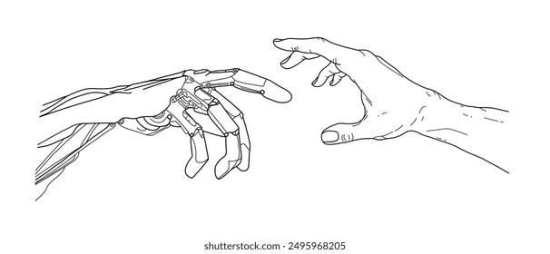 Robot hand touch human sketch. Technology artificial arm of future touching human arm line art. Digital computer creation concept. Science tech vector illustration in black outline style