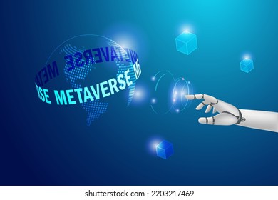 Robot hand touch world of metaverse, virtual reality, augmented reality and blockchain technology. Artificial intelligence in transition of human and robot on metaverse network connecting.
