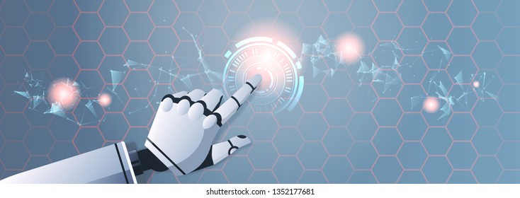 robot hand touching abstract virtual user interface touchscreen artificial intelligence digital futuristic technology concept flat horizontal