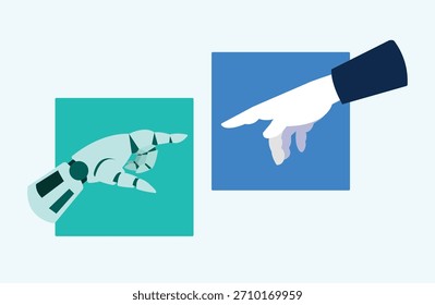 Mano del robot que toca la mano humana, cooperación entre la robótica y la ilustración humana