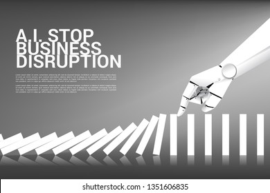 Robot hand try to stop domino effect. business concept of stop disruption by a.i. learning machine.