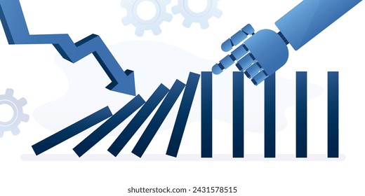 Roboterhand versucht, den Dominoeffekt zu stoppen. Unterbrechungen des Geschäftsbetriebs durch KI stoppen. Widerstandsfähigkeit für Unternehmen. Neue Technologie für den Schutz von Unternehmen. KI-Chat hilft Unternehmen nicht, Dominoeffekte in der Wirtschaftskrise zu vermeiden.