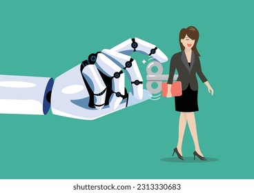 Robot hand turns on business woman with wind-up key in her back. Digital disruption concept. Vector illustration