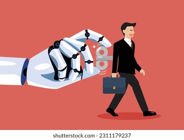 Robot hand turns on businessman with wind up key in his back. Digital disruption concept. Vector illustration