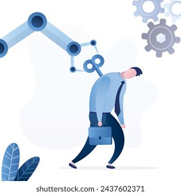 Robot hand turns wind-up key on businessman back. Digital disruption concept. Help with burnout and frustration. Searching new stimulus and goals. Chatbot support human overcome obstacles. flat vector