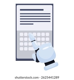 Robot hand is typing on digital tablet with text on screen