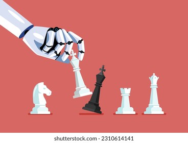 Robot hand use white king checkmate the black king. Concept of machine learning. Artificial Intelligence. Vector illustration