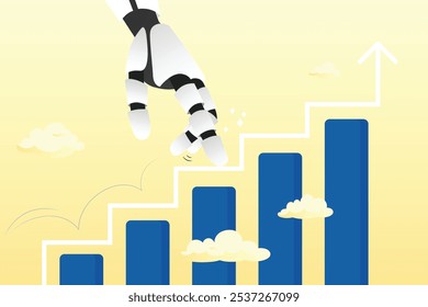 Robot hand walk up gráfico de crescimento, ascensão da inteligência artificial da IA, tecnologia de inovação para desenvolver crescimento, sucesso ou progresso, automação ou IA para marketing e conceito de negócios financeiros