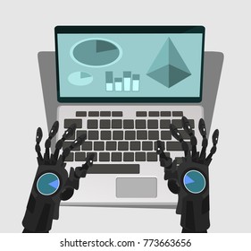 Robot hand work at computer. Vector cartoon illustration
