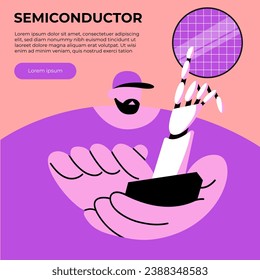 Robot hand working in the semiconductor industry. Development of chips for phones. Artificial intelligence on semiconductor elements. Flat vector illustration in cartoon style.
