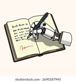 Mão robô escrevendo em um notebook com uma caneta, ilustração do conceito da tecnologia criativa