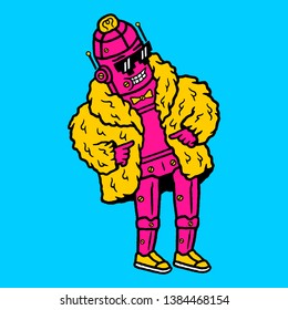 Robot. Hand-drawn Robot. Robot Vapor Wave, Retro wave, Synthpop Style. Cartoon Robot with Yellow fur coat on blue background isolated. Stock Vector Illustration. Cartoon style. 