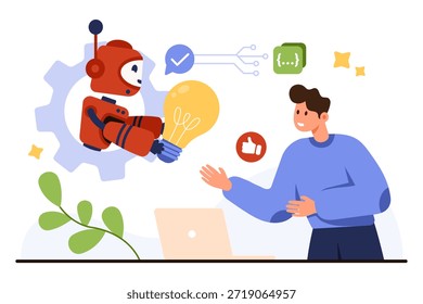 El robot que entrega la bombilla al hombre simboliza la automatización del flujo de trabajo de inteligencia artificial. Trabajo en equipo Soluciones de tecnología de innovación para proyectos empresariales y creativos aislados en Vector de fondo blanco