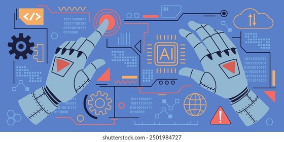 Robot hands. Artificial intelligence writing program, mechanical limbs use touch screen, cyborg creates application, banner design, ai technology poster nowaday vector cartoon flat concept