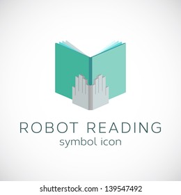 Robot hands with book template. Robot reading book symbol icon or logo template. Isolated Vector.
