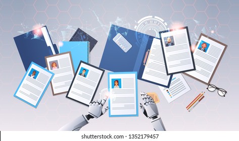 robot hands choosing cv profile businesspeople to hire curriculum vitae candidate job position top angle view artificial intelligence digital technology concept horizontal