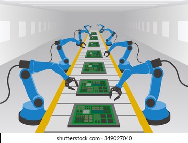 robot hands and conveyor belt, Factory automation, Industry 4.0, Internet of Things, vector illustration
