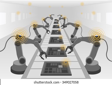 robot hands and conveyor belt, Factory automation, Industry 4.0, Internet of Things, vector illustration