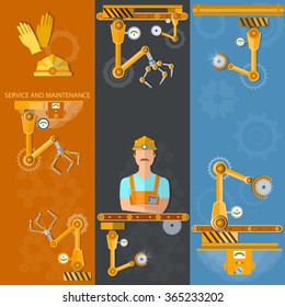 Robot hands and conveyor vertical banners industrial robot quality control vector illustration 