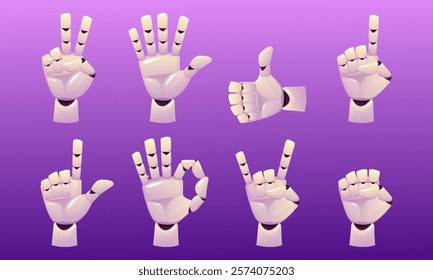 Robot hands. Cyborg AI technology. Android gesture. Metal robotic palm. Finger down or up. Artificial intelligence. Cartoon digital prosthesis. Fist and pointing forefinger. Vector mechanical arms set