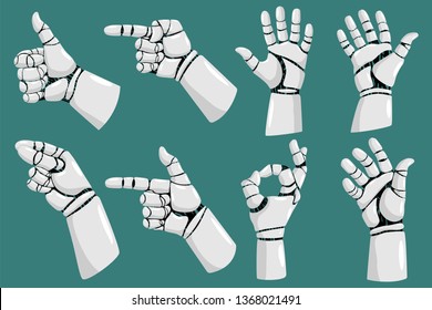 Robot hands with different gestures vector cartoon set isolated on white background.