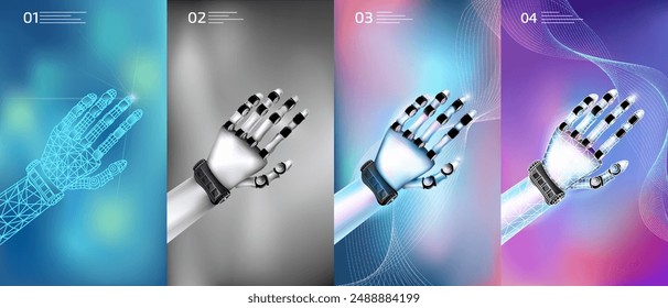 Robot hands digital models on a bright abstract background.