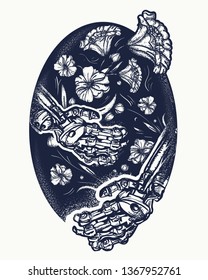 Robot hands and flowers tattoo and t-shirt design. Symbol of life and death, humans and robots, immortal and mortal