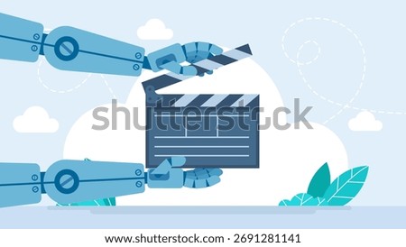Robot hands holding black clapper board. AI video creation concept. A robot working on video editing clapperboard. Represents modern technology's influence on creative media. Vector illustration