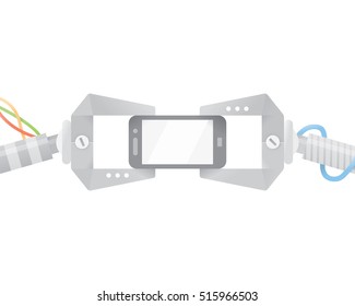 Robot hands holding mobile phone with blank screen with space for your text