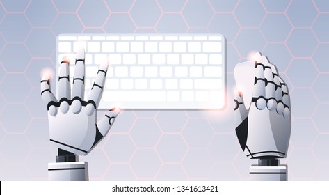 robot hands holding mouse using computer keyboard typing top angle view artificial intelligence digital futuristic technology concept flat horizontal