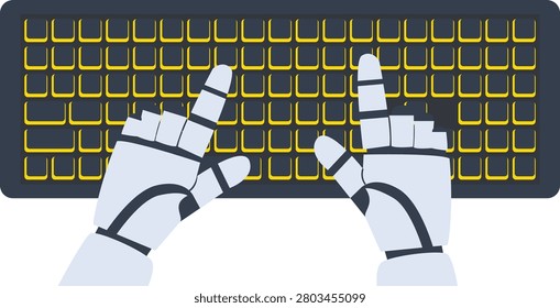 robot hands holding mouse using computer keyboard typing top angle view artificial intelligence digital futuristic technology concept flat horizontal vector illustration
