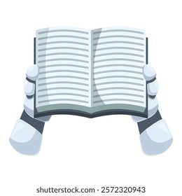 Robot hands are holding an open book, symbolizing artificial intelligence's quest for knowledge