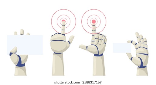 Robot hands holding white visit cards. Finger pushing button. Forefinger touching. AI technology. Artificial intelligence. Android palm poses. Cyborg arms. Vector robotic